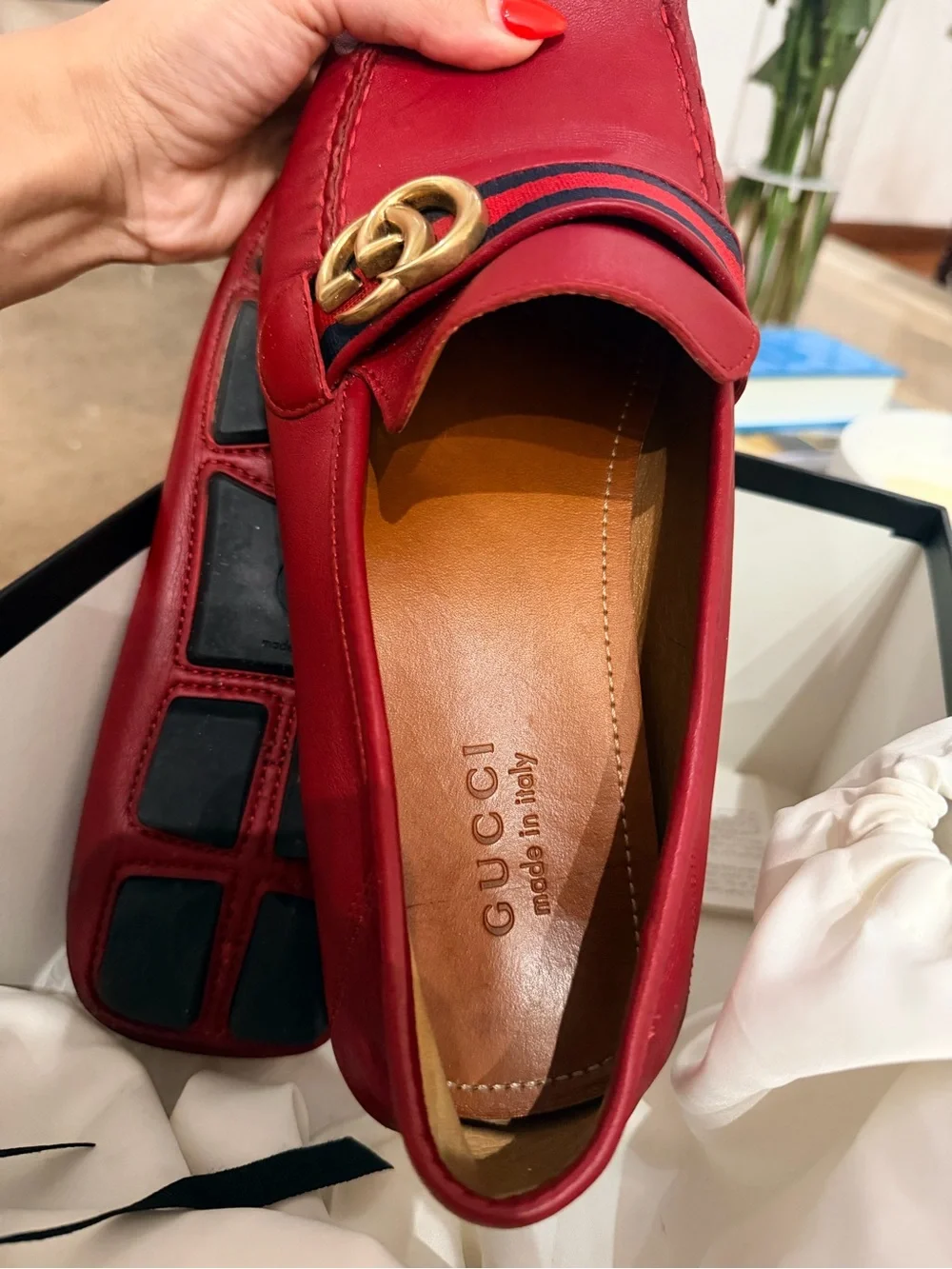 Gucci Red Leather Men's Loafers with Navy/Red Web and Gold Double G